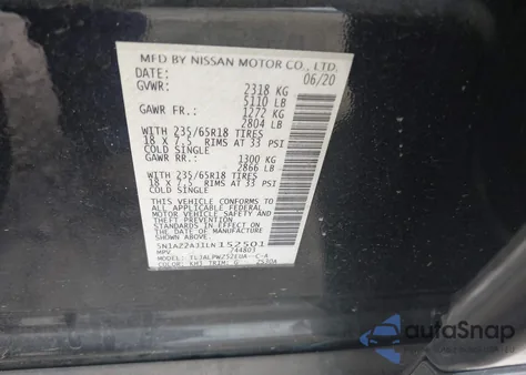 2020 Nissan Murano S Fwd z USA, uszkodzony, nr VIN 5N1AZ2AJ1LN152501